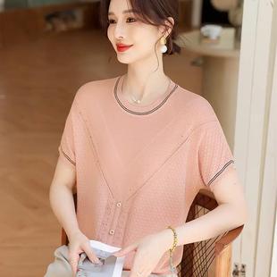 Middle-Aged Women's New Summer Round Neck T-Shirt Ice Silk Shirt Top Mom Summer Knitted Loose Thin Bottoming Shirt