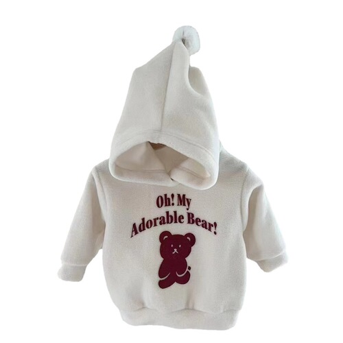 ins Korean style infant red velvet pointy hat Christmas and New Year clothes for boys and girls cute bear hooded sweatshirt