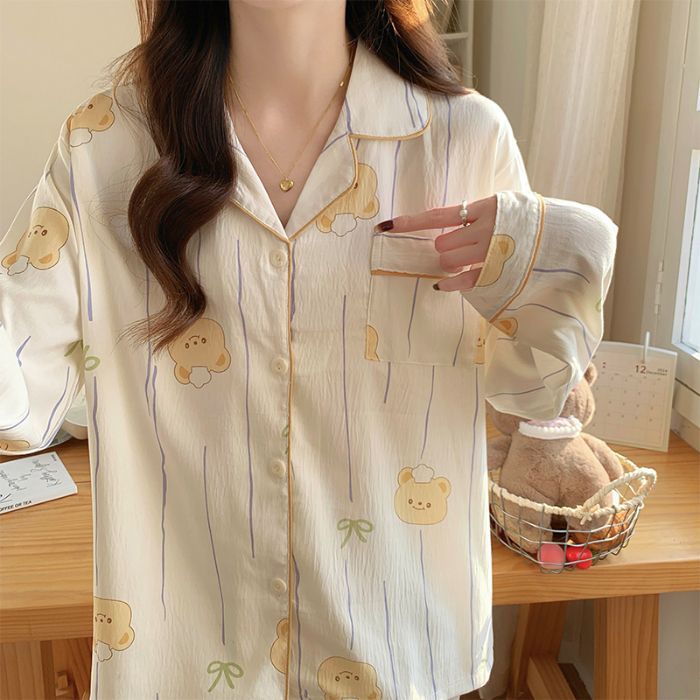 Cardigan de otoño al por mayor transfronterizo pantalones de manga larga Cardigan collar nubes pijamas de algodón mujer dulce dibujos animados set de ropa para el hogar
