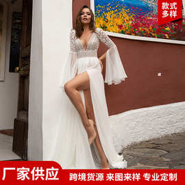 欧美热销连衣裙长款气质显瘦礼服裙子蕾丝拼接喇叭袖性感V高开衩