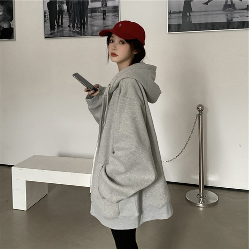 New spring loose Korean style oversize gray hooded sweatshirt women's zipper jacket women's foreign trade tops wholesale