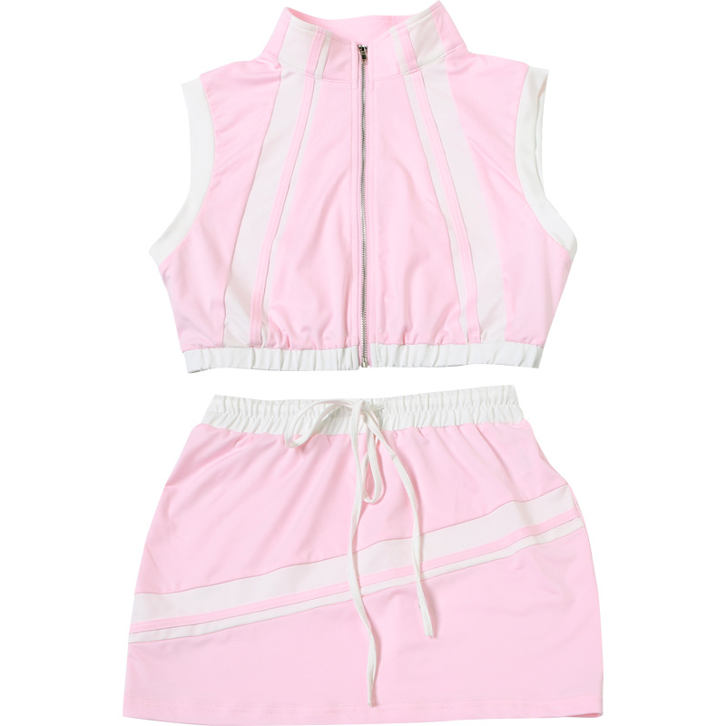 Spring Summer Women Sexy Cropped Zipper Top Slim Fit Hip Wrapped Short Skirt Set Women
