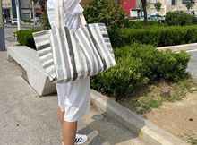 外贸原单帆布袋韩国风简约休闲条纹大帆布包大容量单肩百搭购物袋