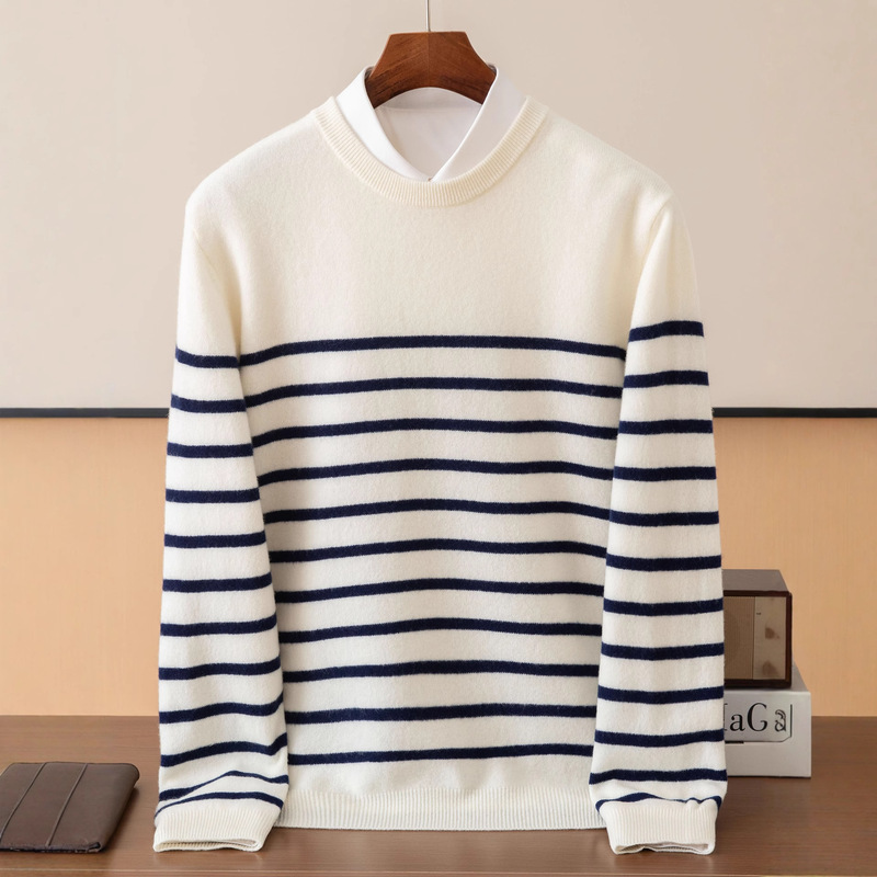 2025 Autumn/Winter New Men's Wool Sweater Navy Style Striped Round Neck Color Matching Pullover Long Sleeve Sweater Factory Wholesale