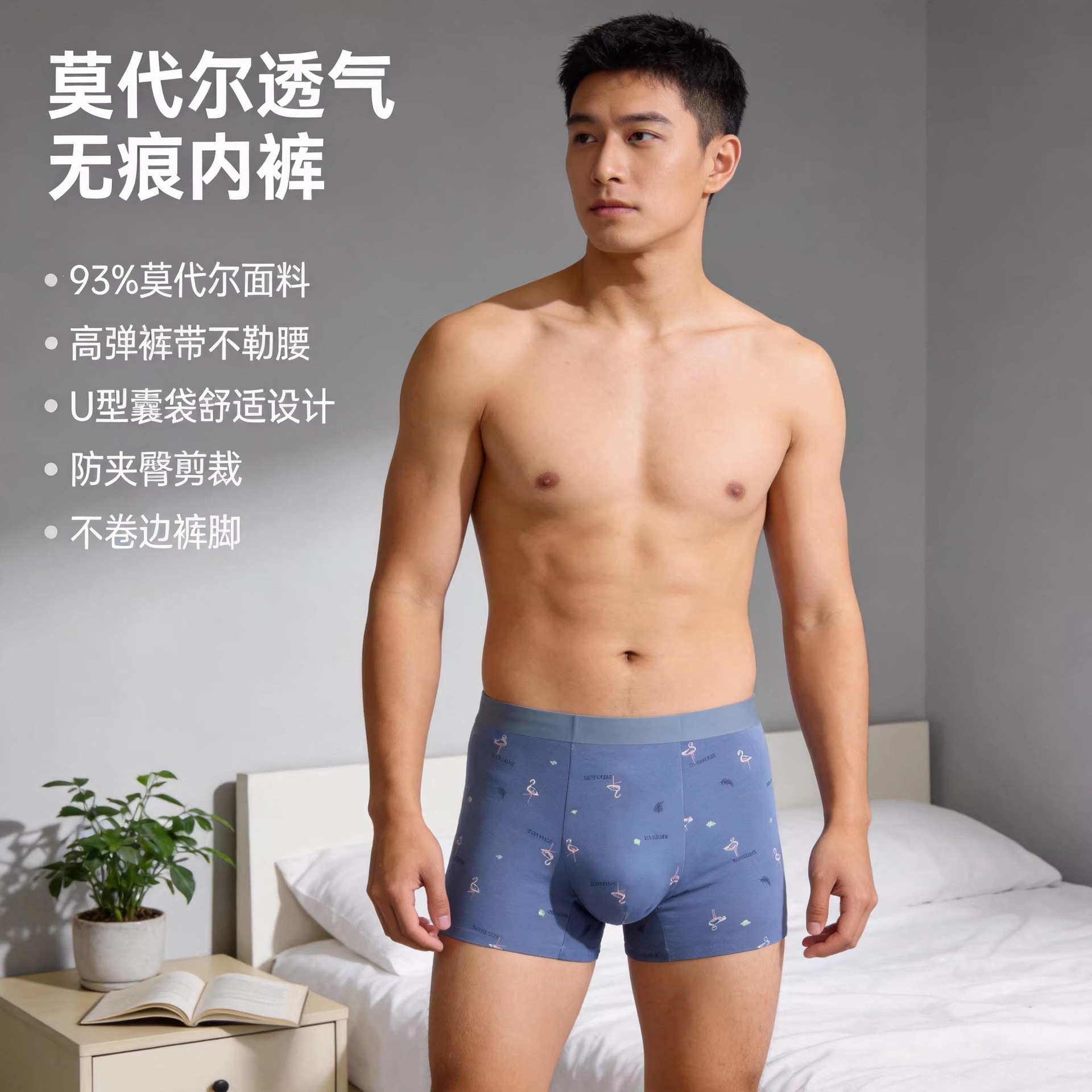 60s莫代尔内裤男士四角裤衩夏季透气平角裤运动男士内裤厂家批发