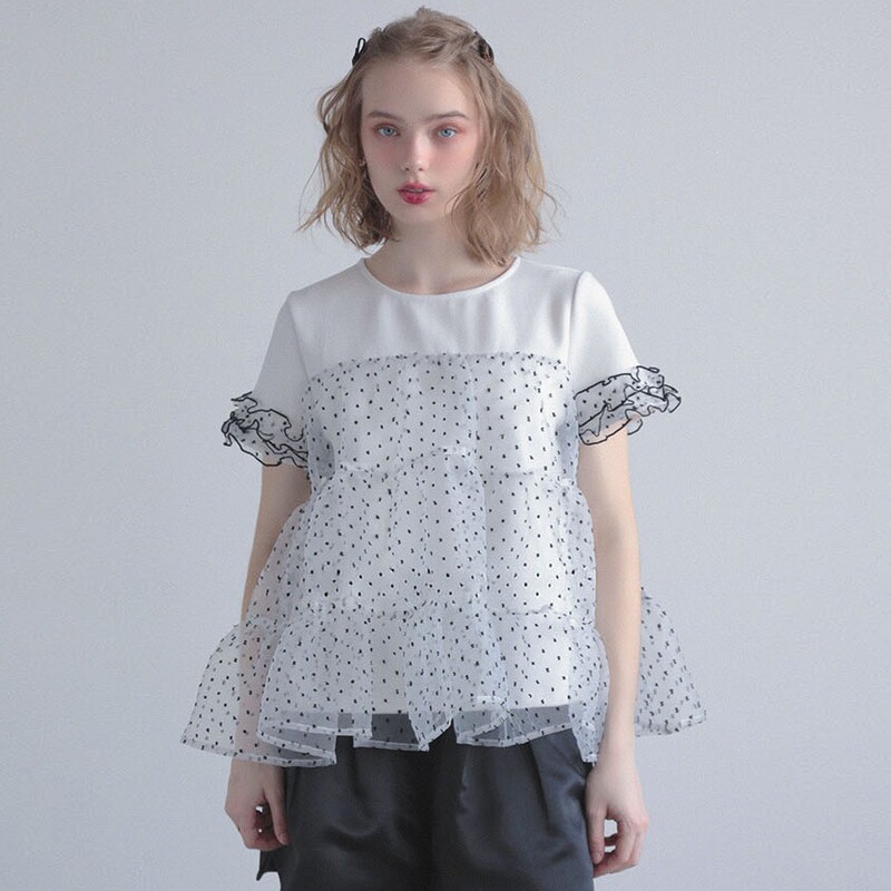 In-Stock Japanese Rakuten Korean-Style Mesh Patchwork Polka Dot Ruffle Short-Sleeve T-Shirt Round Neck Loose Design Top In-Stock Japanese Rakuten Korean-Style Mesh Patchwork Polka Dot Ruffle Short-Sleeve T-Shirt Round Neck Loose Design Top
