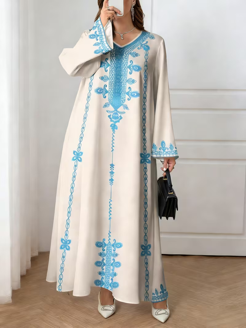 Middle Eastern Cross-border Muslim Women's V-neck Printed Loose Elegant Robe Ethnic Style Long-sleeved Dress Custom-made_ecoleips.com