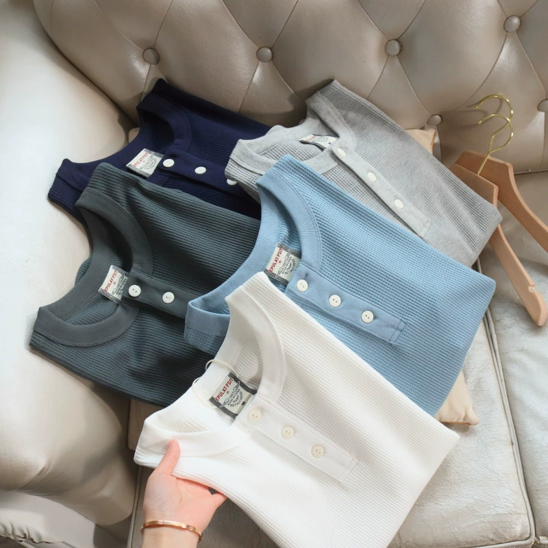 Футболка мужская повседневная с коротким рукавом из 100% чесаного хлопка с вафельной текстурой и воротником «голландский воротник» на пуговицах, весна-лето