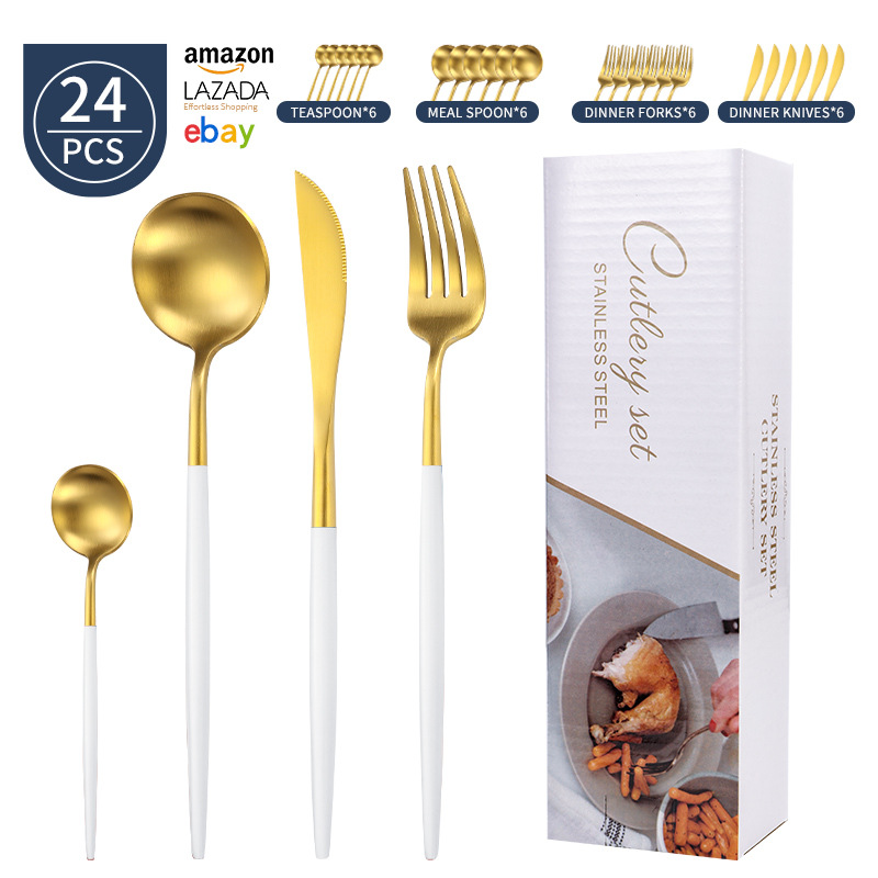 Transfronterizo Amazon mango redondo portugués cuchillo y tenedor cuchara set de platos de acero inoxidable mate cuchillo y tenedor de filete set 24 piezas