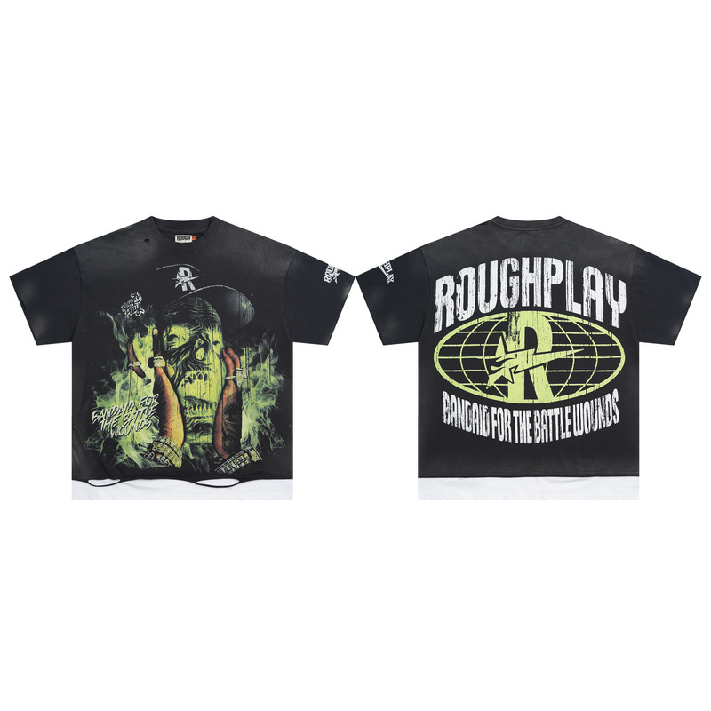 RoughPlay NYC T-Shirt美潮高街洗水做旧破洞大幅闪亮带钻短袖T恤|undefined