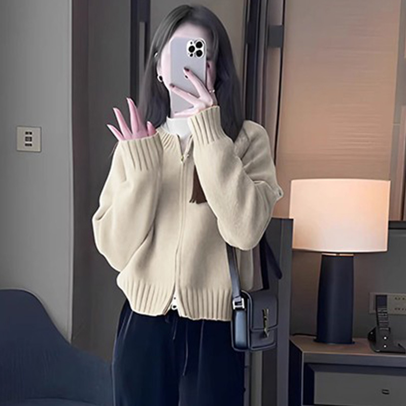 灰色短款毛衣外套女装秋冬2025新款宽松加厚拉链开衫长袖针织上衣|undefined