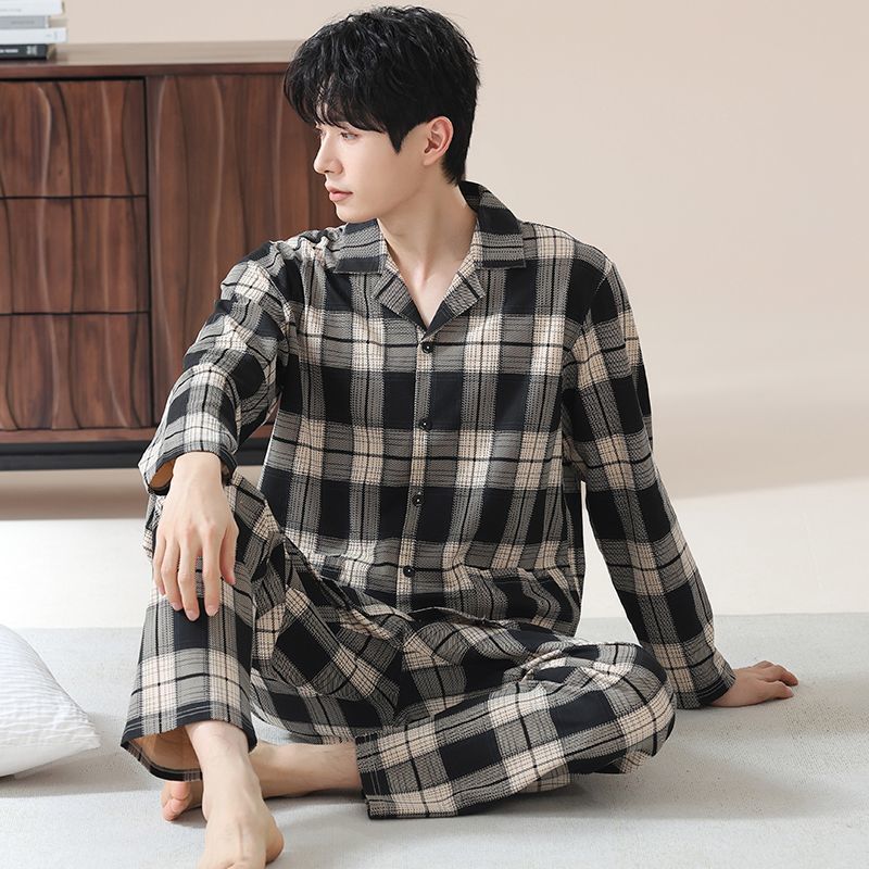 2025 남성 봄, 가을 면 잠옷 카디건 긴팔 바지 정장 루즈한 플러스 사이즈 집 밖에서도 입을 수 있습니다