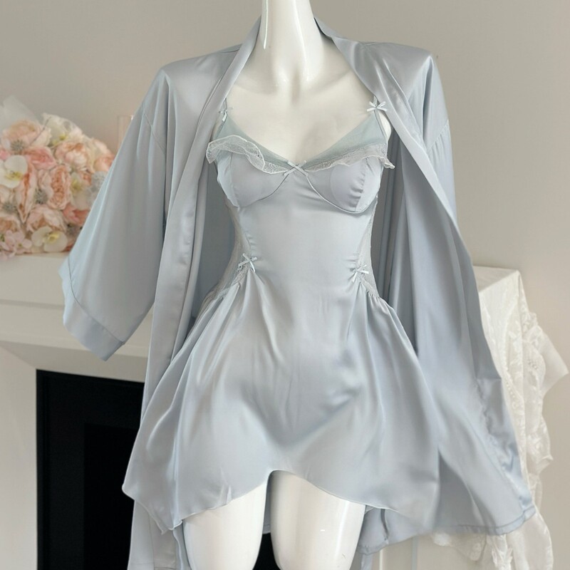 2026 New Sweet Satin Blue Camisole Nightgown with Chest Pads, Pure and Sexy French-Style Sleepwear for Women, High-End Summer Collection