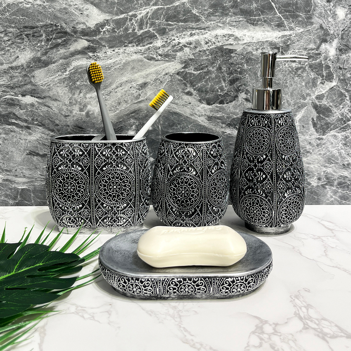 Baño nórdico, lavado de cuatro piezas, baño bohemio pintado, baño, resina, decoración de baño de hotel