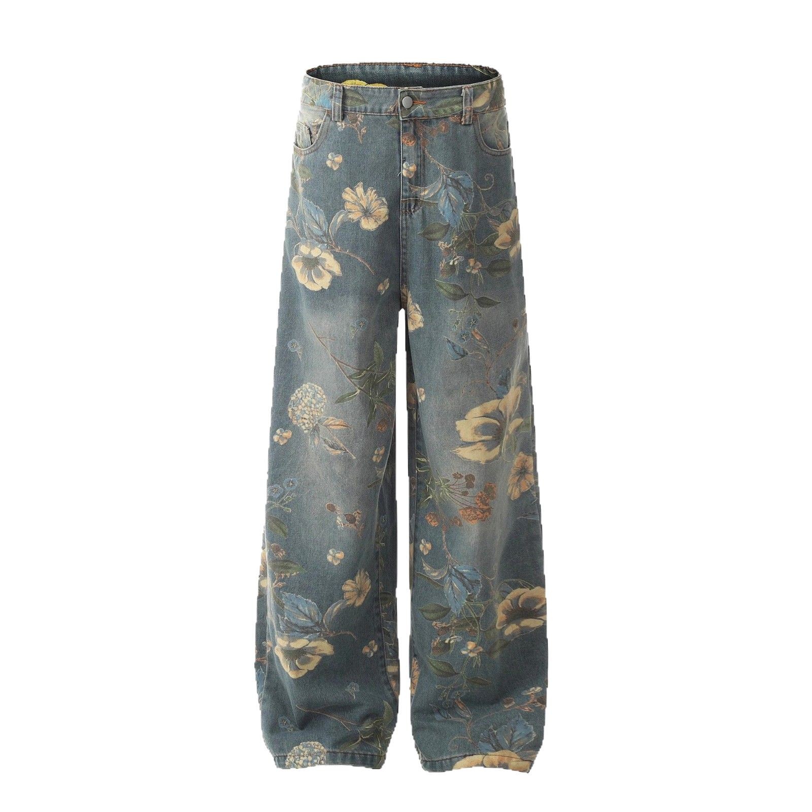 2025 Foreign Trade American Style Retro Flower Full Print Jeans Men and Women Niche Design Sense Straight Loose Wide Leg Trendy Pants