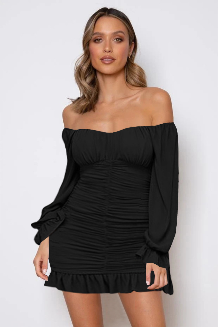 solid color long-sleeved ruffled off-the-shoulder neck nihaostyles clothing wholesale NSMDF81660