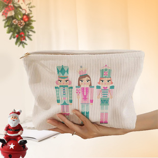 [Exclusively for Cross-Border Supply] Christmas Nutcracker Cartoon Print Corduroy Zipper Large Capacity Cosmetic Bag Storage
