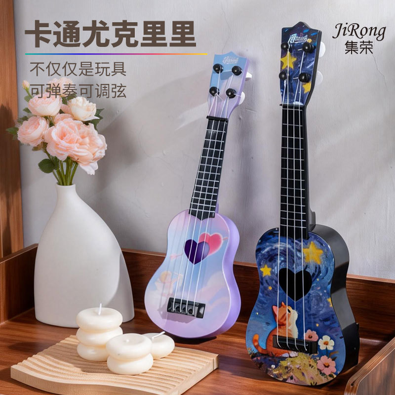 Comercio electrónico transfronterizo comercio exterior preferido ventas calientes 17 pulgadas dibujos animados para niños introducción pequeña cuatro cuerdas ukulele certificado completo