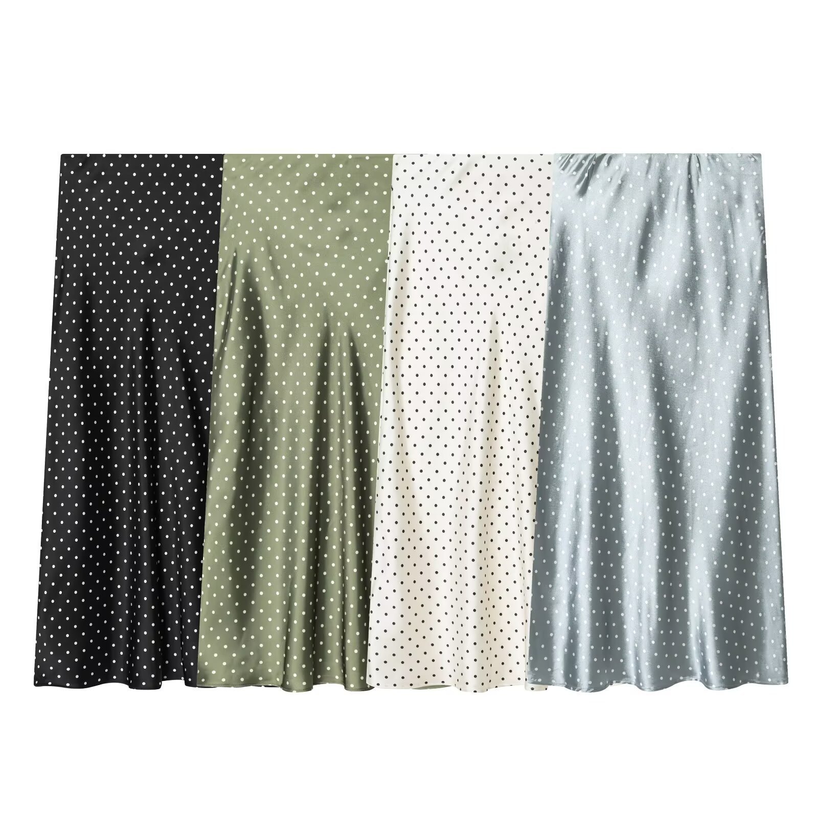 Elegant Midi Skirt With Satin Feel & Polka Dot Pattern For Women, Office To Evening Wear, Black Green White Slate Blue_ecoleips.com