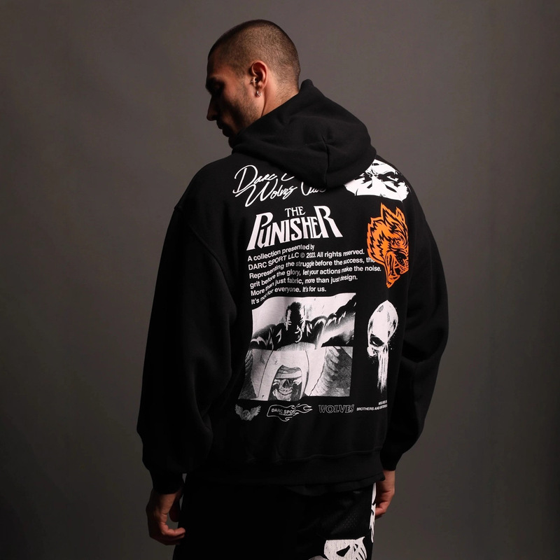 Darc Wolf Head Letter Hooded Sweatshirt Retro Winter American High Street Trendyy Loose Sports Style Casual Hoodie
