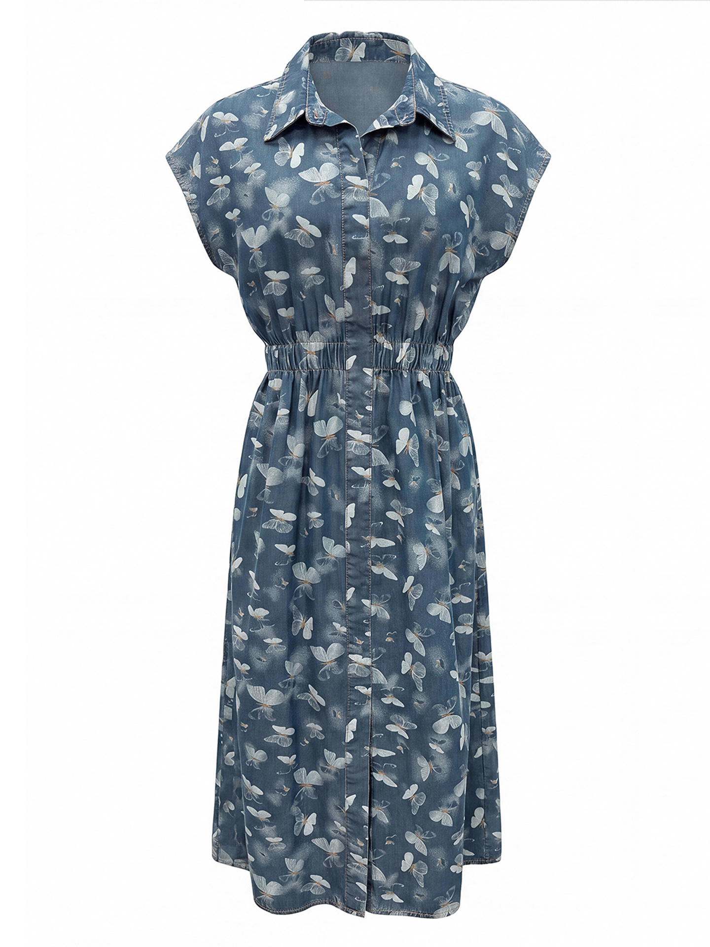 Đầm maxi nữ in họa tiết hoa bướm chất denim nhẹ thắt eo — Cao bồi xanh