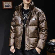 机车皮衣羽绒服男冬季2025新款加厚保暖连帽男士防水潮牌外套大码