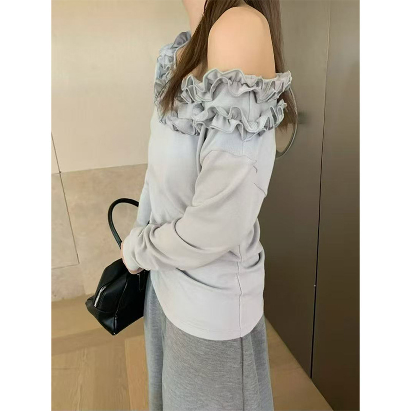十三行2025秋新款一字肩木耳边T恤女装设计感小众修身显瘦长袖T恤|undefined