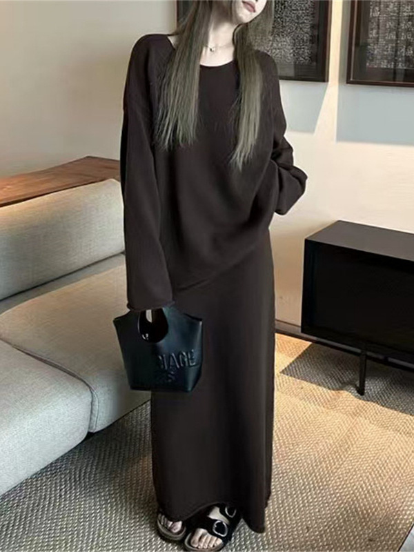 秋冬新款跨境宽松慵懒针织套装女休闲简约卷边半身裙毛衣两件套|undefined