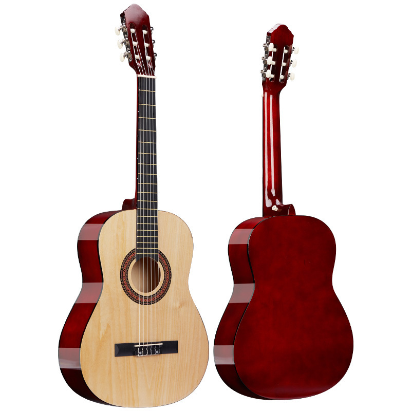 Fábrica de guitarra clásica al por mayor de 39 pulgadas guitarra brillante pulida de madera de tija de entrada guitarra principiante jitta piano de práctica