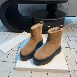 外贸麂皮面料加绒短靴纯羊毛厚底雪地靴女2025新侧拉链保暖棉鞋