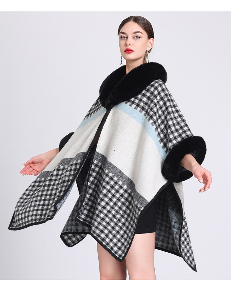 Mantella a quadri con colletto in lana, cardigan lavorato a maglia jacquard largo, cappotto di lana di grandi dimensioni per donna_voghion.com