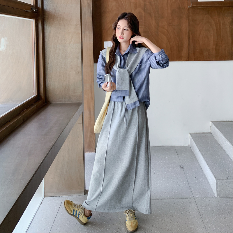 气质休闲半身裙两件套女2025年秋季新款宽松显瘦条纹衬衫上衣减龄|undefined