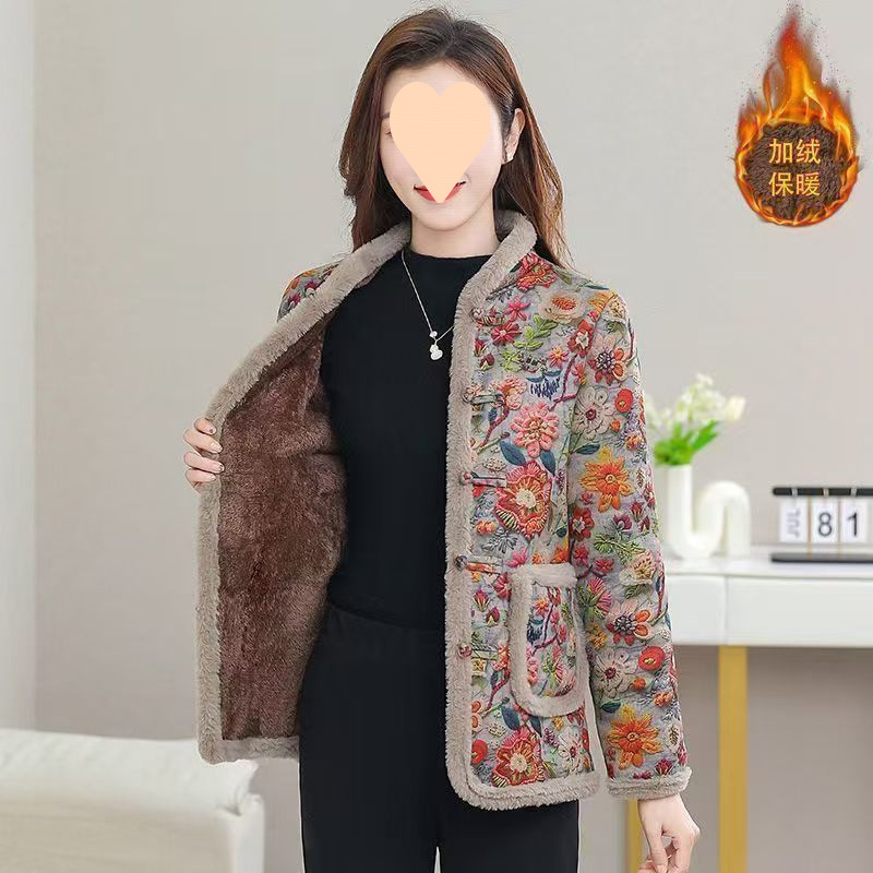 冬季新款媽媽加絨加厚棉衣棉服中老年保暖碎花中式盤扣外套棉襖