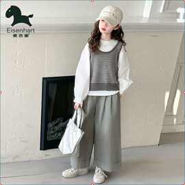 女童春秋时髦套装2025新款儿童背心三件套女孩网红春装阔腿裤潮流