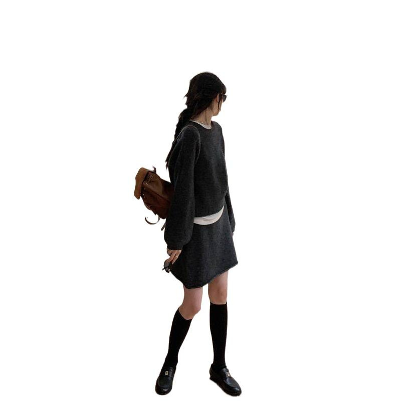 BRLWIN韩系通勤灰色针织半身裙女装2025秋新款复古百搭半裙呢子|undefined