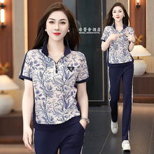 套装女夏2025新款时尚宽松洋气女士翻领短袖休闲跑步两件套