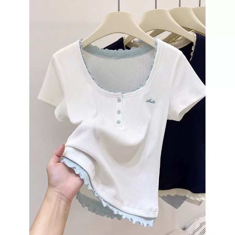 假两件撞色刺绣短袖t恤女夏季新款正肩短款修身显瘦绝美短款上衣