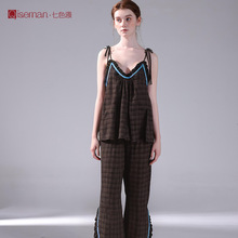 亲肤棉吊带长裤睡衣套装春夏简约格子睡裙女夏季高级感家居服女夏