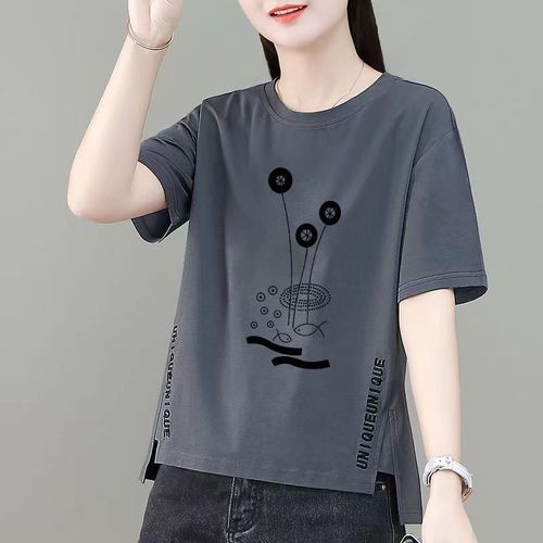 2025 Summer Irregular Print Short-Sleeve T-Shirt Women's Front Short Back Long T-Shirt Top
