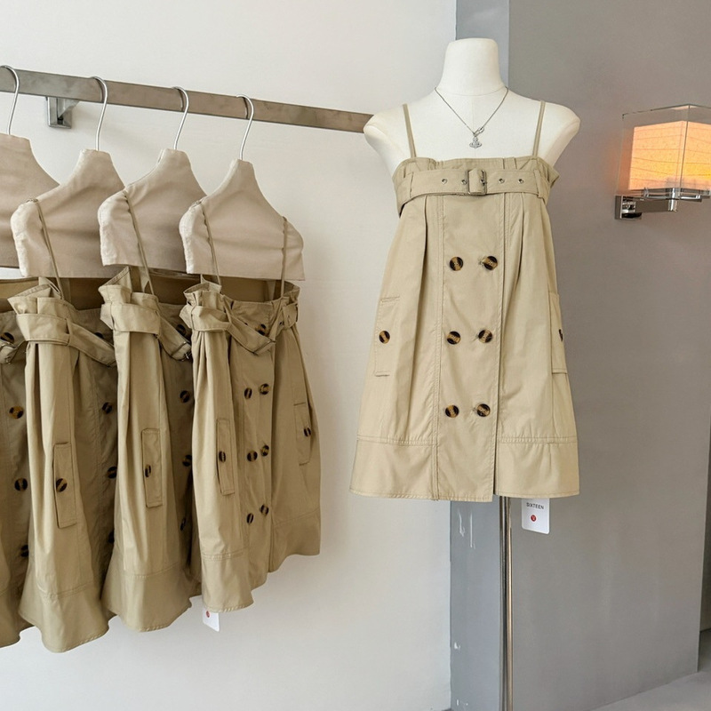 2026 New Vintage Double-Breasted Workwear-Style Trench Coat-Inspired Suspender Dress for Petite Women in Summer