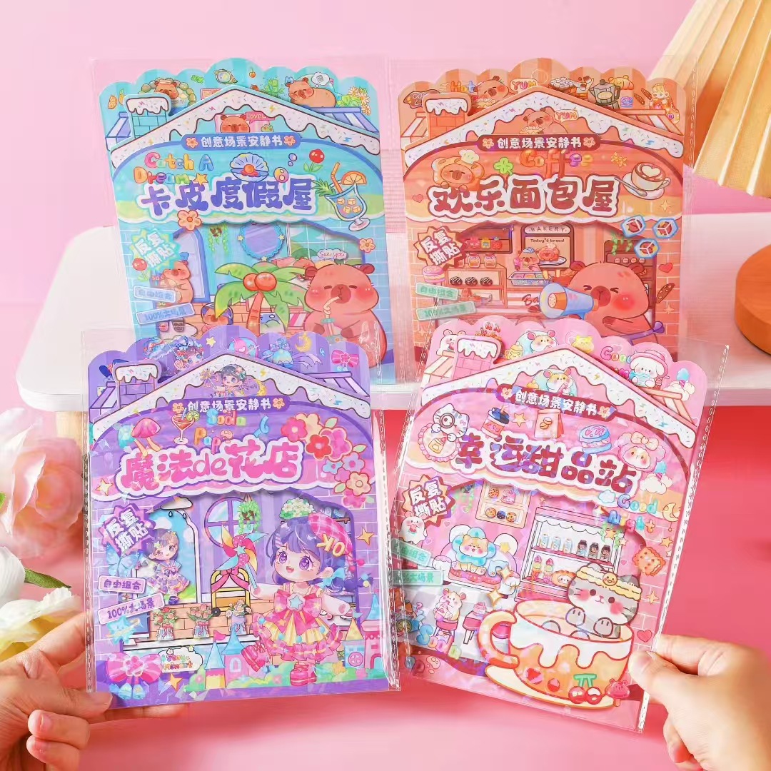 Escenas creativas libros tranquilos nuevas niñas Capibara estudiantes de primaria niños DIY juguetes sin recortar libro de pegatinas