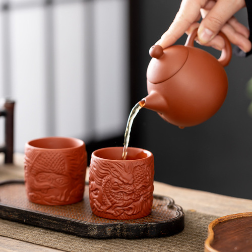 Purple Sand Tea Cup, Red Clay with Auspicious Dragon Design, Master's Cup, Carved Dragon and Phoenix Pair, Teacup, Ceramic Household Large Tea Mug, Douli (Straw Hat) Style Cup