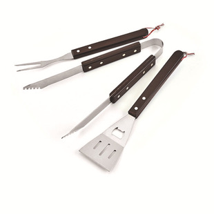 Outdoor Portable Barbecue Tools Stainless Steel Wooden Handle Three-Piece Set Bagged Barbecue Tools Barbecue Clip Grill Fork Tool