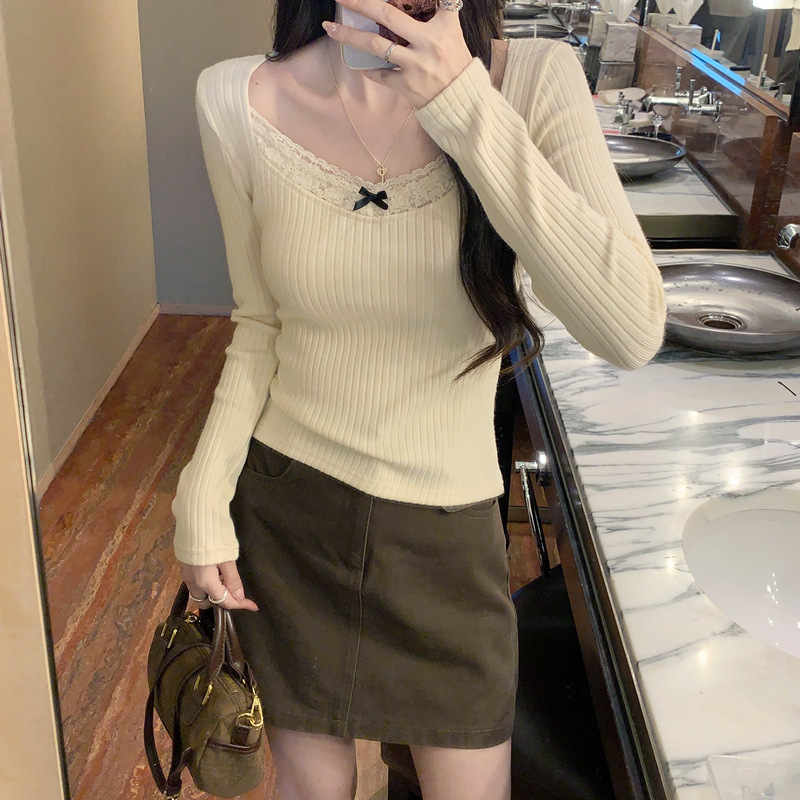 발레 스타일 퓨어 러스티 슬림핏 그레이 바텀 셔츠 티셔츠 여성 스퀘어 넥 레이스 스플라이싱 긴팔 이너웨어 가을 겨울 탑