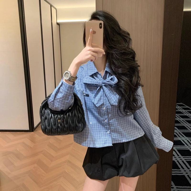 High-Quality Mu Brand Full Diamond-Studded Plaid Shirt with a Stylish Design, Bow Tie, and Elegant Long-Sleeve Shirt