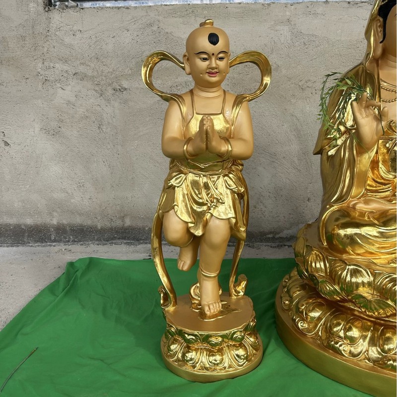 全銅製観音菩薩像、寺院用座蓮観音銅像、彩画入り子供を授けた銅製仏像、置物、神像|undefined