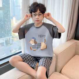 中大童薄款家居服套装夏季款睡衣男童短袖两件套清爽透气网格小狗