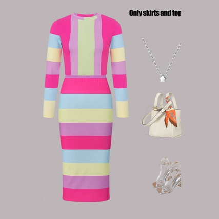 Women's Slim-Fit Striped Long Sleeve Top And Midi Skirt Set, Elegant Two-Piece Outfit ​​Elegant Midi Length_ecoleips.com