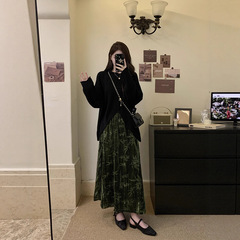 2025年大码女装复古新中式不规则宽松毛衣松紧腰暗纹提花丝绒半裙