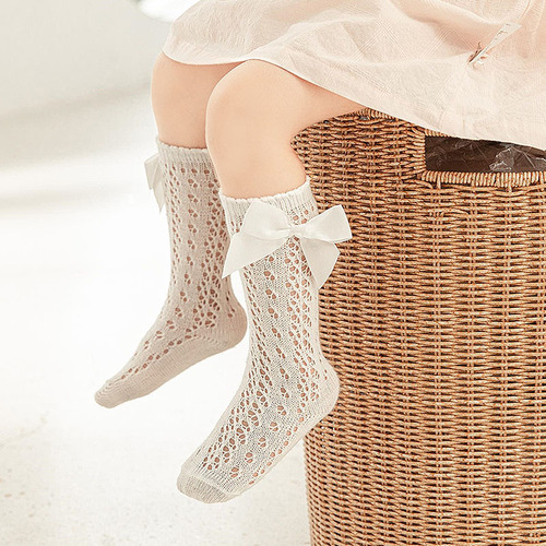 新款夏款移圈蝴蝶结中筒袜 西班牙儿童袜子宝宝透气网眼袜 婴儿袜